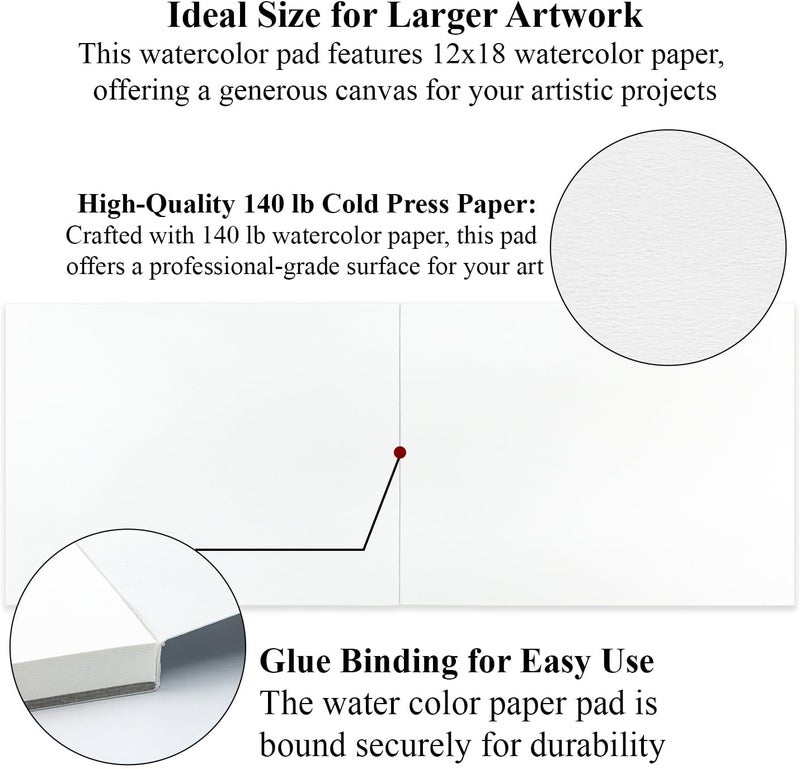 Ogfu Large Water Color Paper, 12x18 Watercolor Paper Pad 140 lb, 16 Sheets(32 Pages) Cold Press Mixed Media Paper, Watercolor Supplies for Adults & Gifts for Artists. - Image 2
